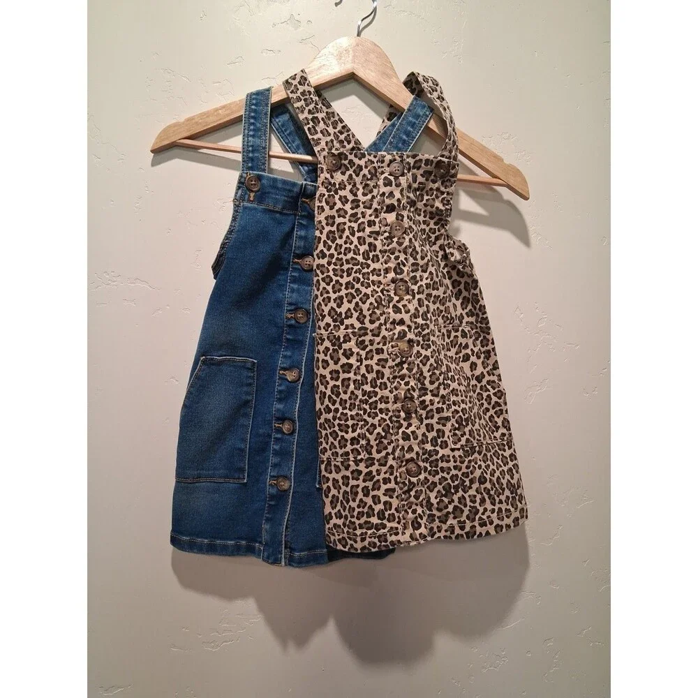 SET OF 2:  Wonder Nation 4T Denim & Animal Print Button Up Overall Dresses